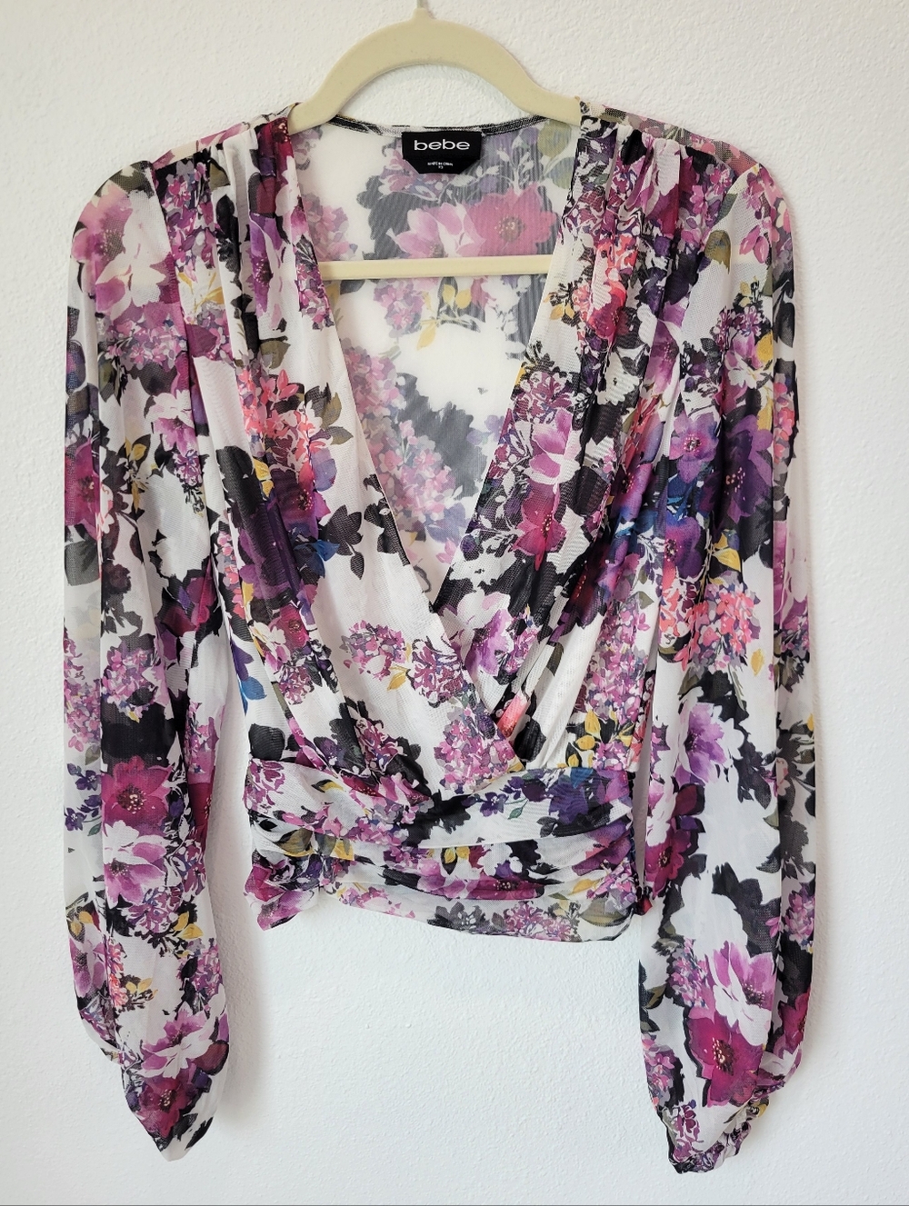 Bebe Sheer Mesh‎ Floral Wrap Top XS White Purple Pink